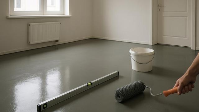 Pokój z wylaną masą samopoziomującą i długą poziomicą na podłodze