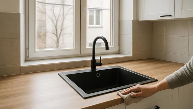 Czarny zlewozmywak granitowy pod oknem z czarną baterią