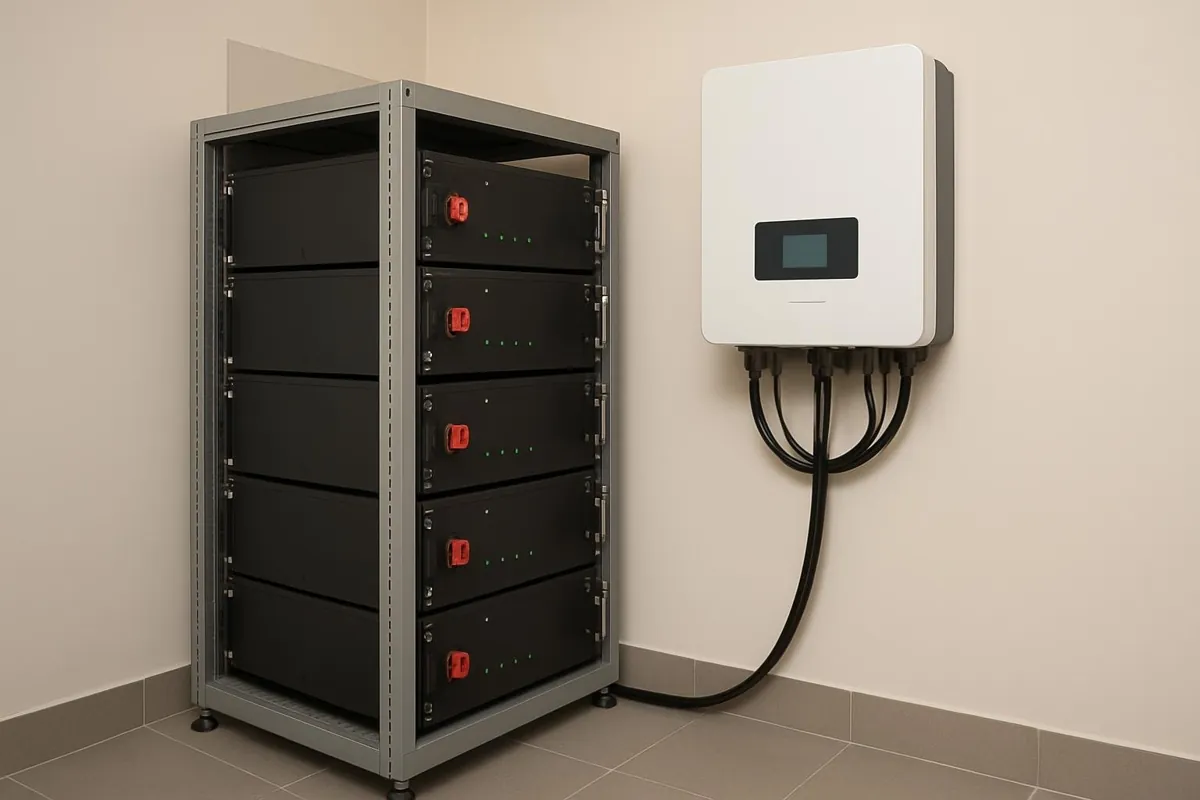 Moduły baterii LiFePO4 48 V w szafie przy falowniku