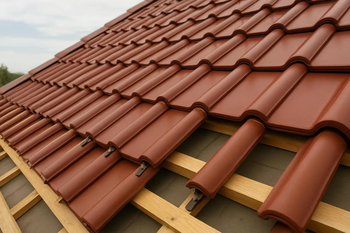 Czerwona dachówka ceramiczna zakładkowa na łatach