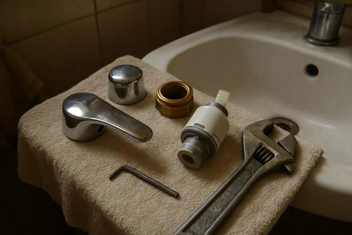 Rozebrana bateria jednouchwytowa: dźwignia, osłona, nakrętka i kartusz ceramiczny