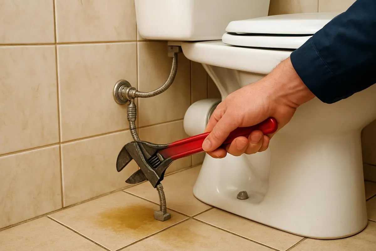 Kałuża przy podstawie WC i wężyk z zaworem kątowym