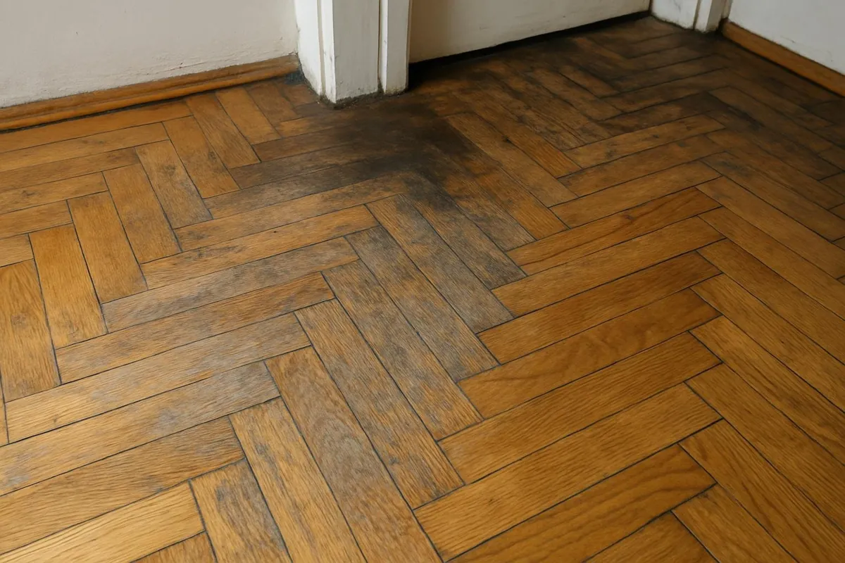 Zniszczony stary parkiet z przetartym lakierem i szczelinami
