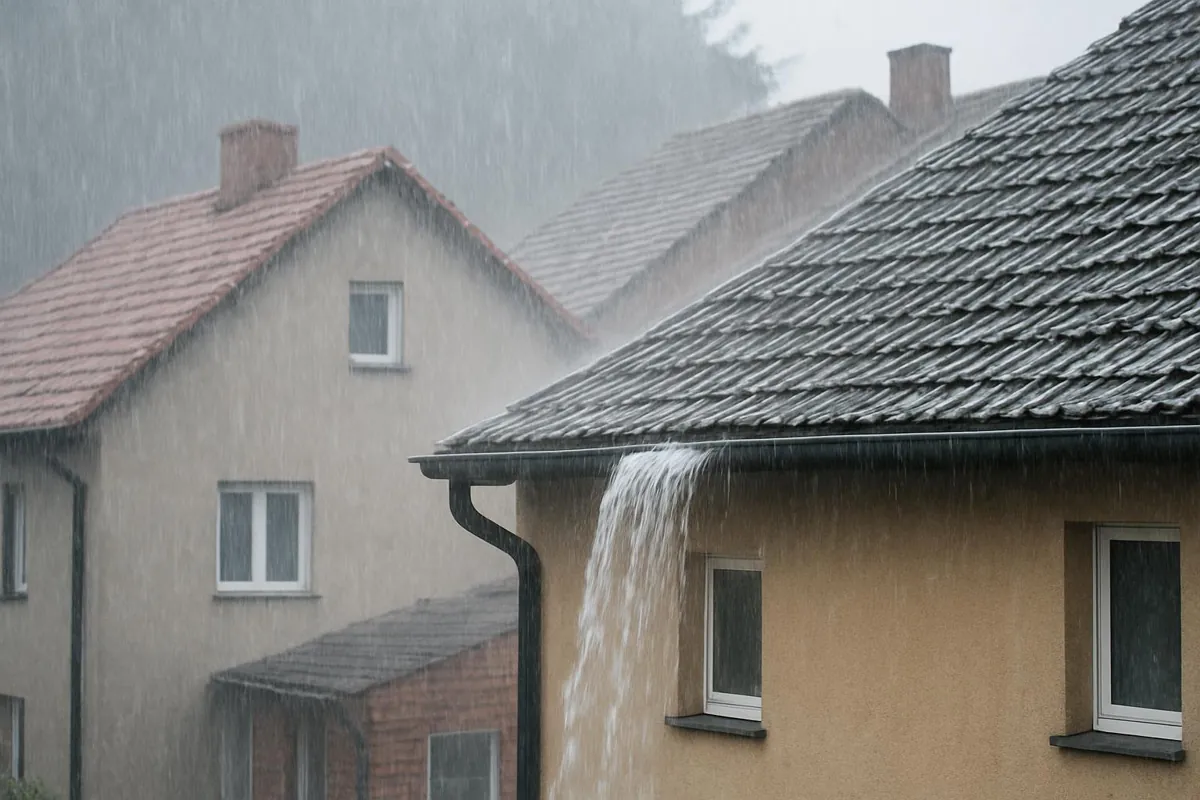 Przepełniona rynna przy dolnej krawędzi dachu jednospadowego