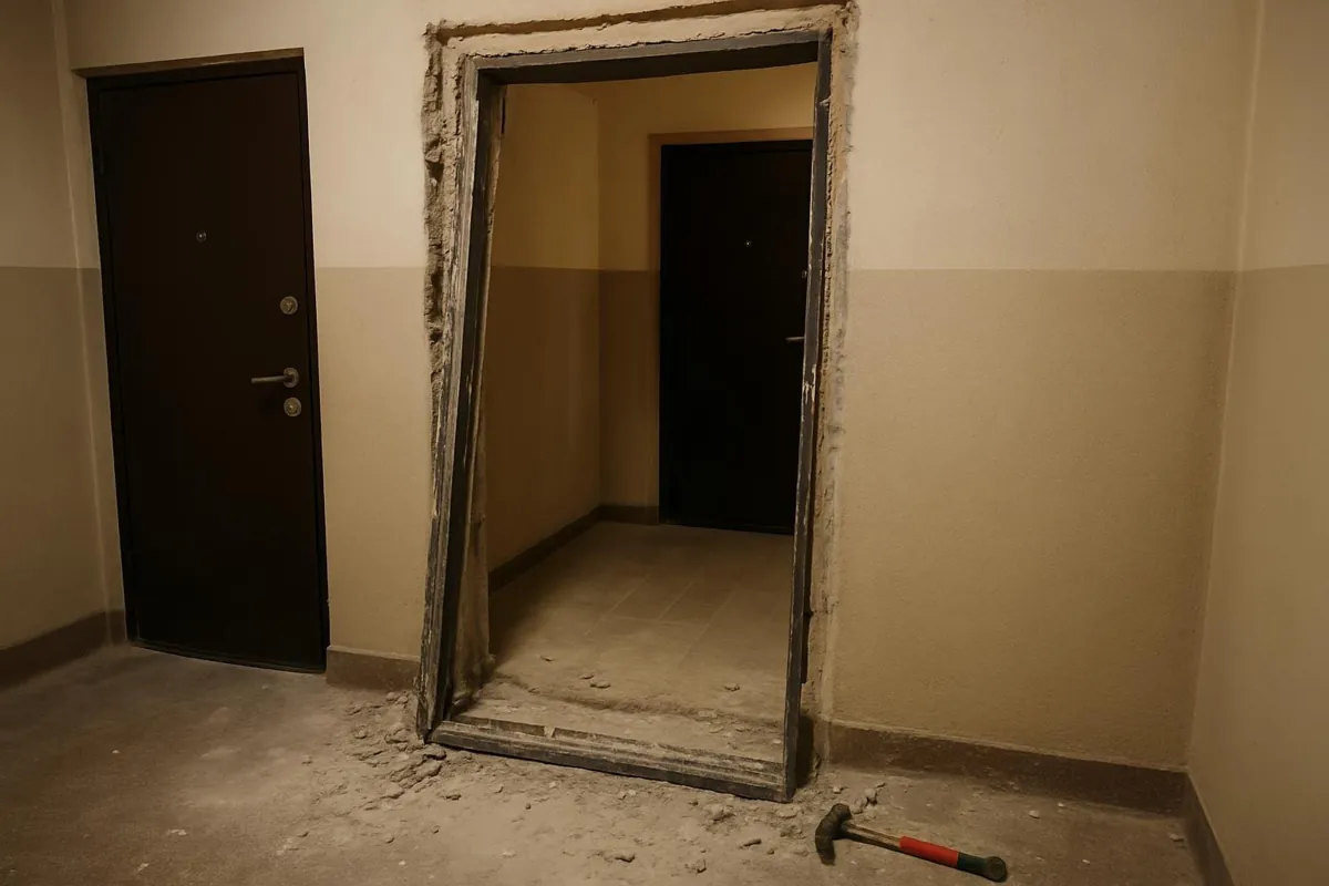 Demontaż starej stalowej ościeżnicy drzwi wejściowych w bloku