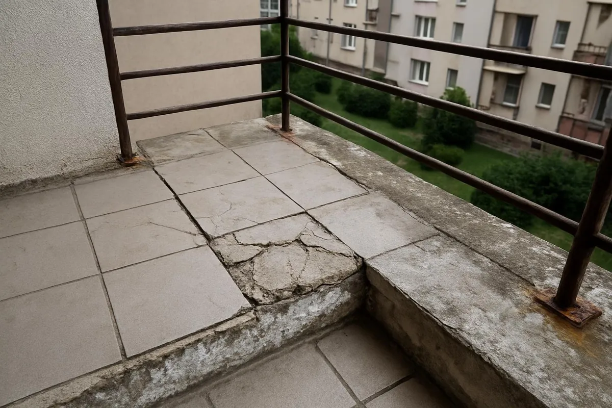 Stary balkon z odspojonymi płytkami i wykwitami na krawędzi płyty