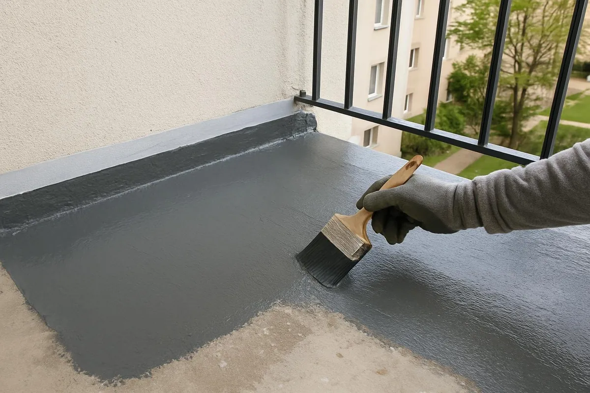 Nakładanie elastycznej hydroizolacji na płytę balkonu