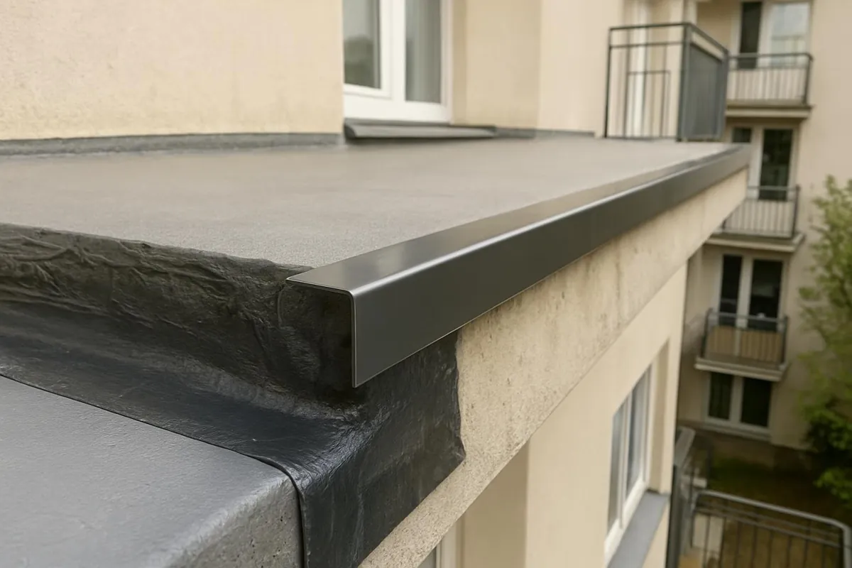 Okapnik balkonowy na krawędzi płyty z hydroizolacją na kołnierzu