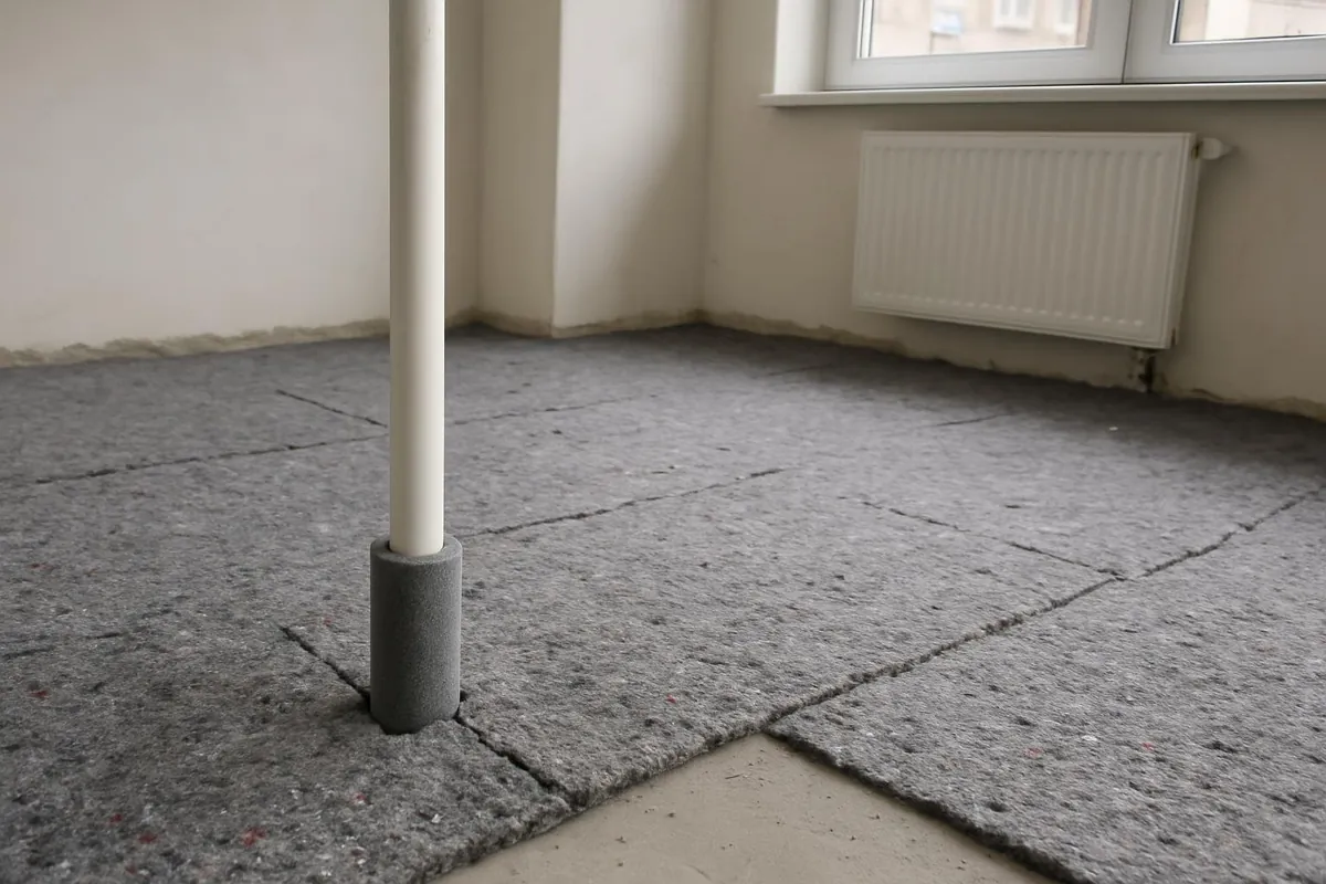Rura grzejnika w otulinie przechodząca przez wylewkę