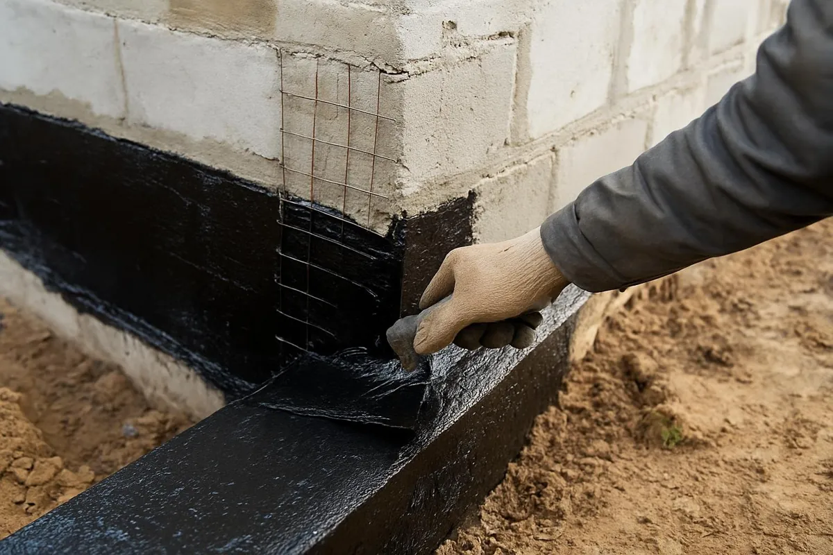 Nakładanie grubowarstwowej masy bitumicznej KMB na ścianę fundamentową