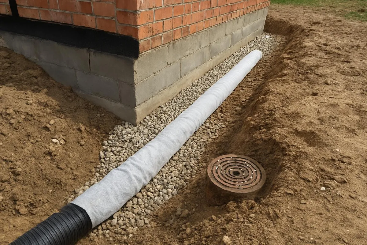 Rura drenażowa w geowłókninie i żwirze wzdłuż ławy fundamentowej