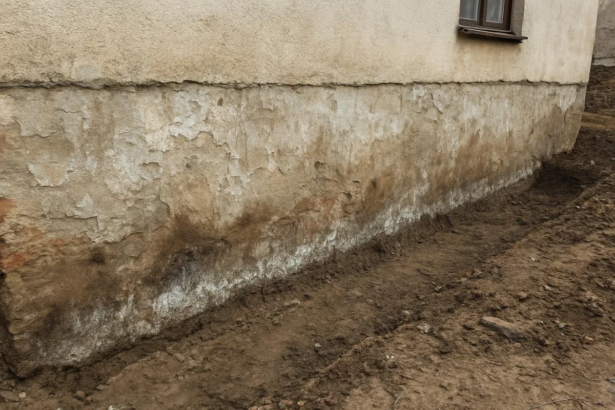 Zawilgocona ściana piwnicy starego domu z wykwitami soli