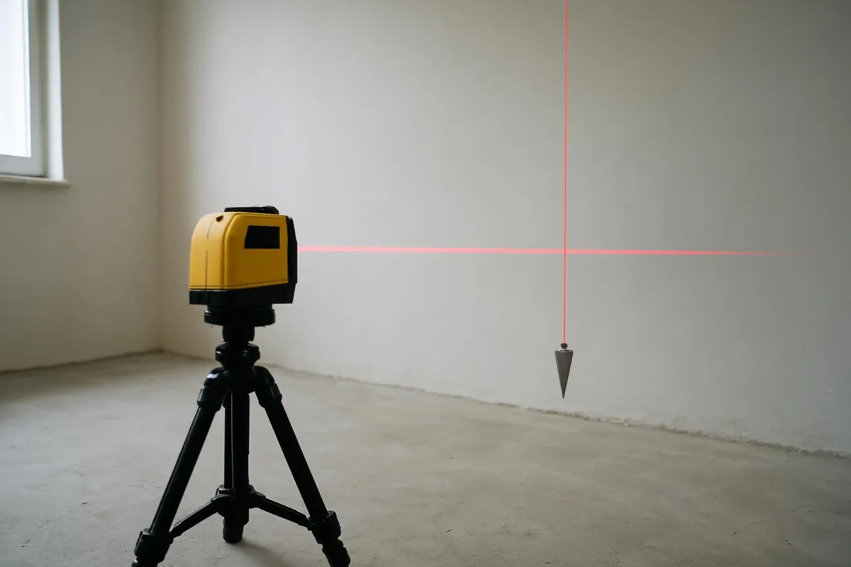Pion ze sznurkiem obok pionowej linii lasera