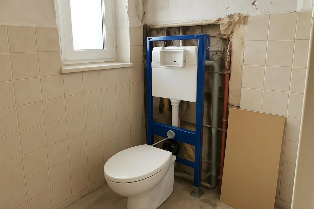 Stelaż podtynkowy WC z rurami ukrytymi za zabudową
