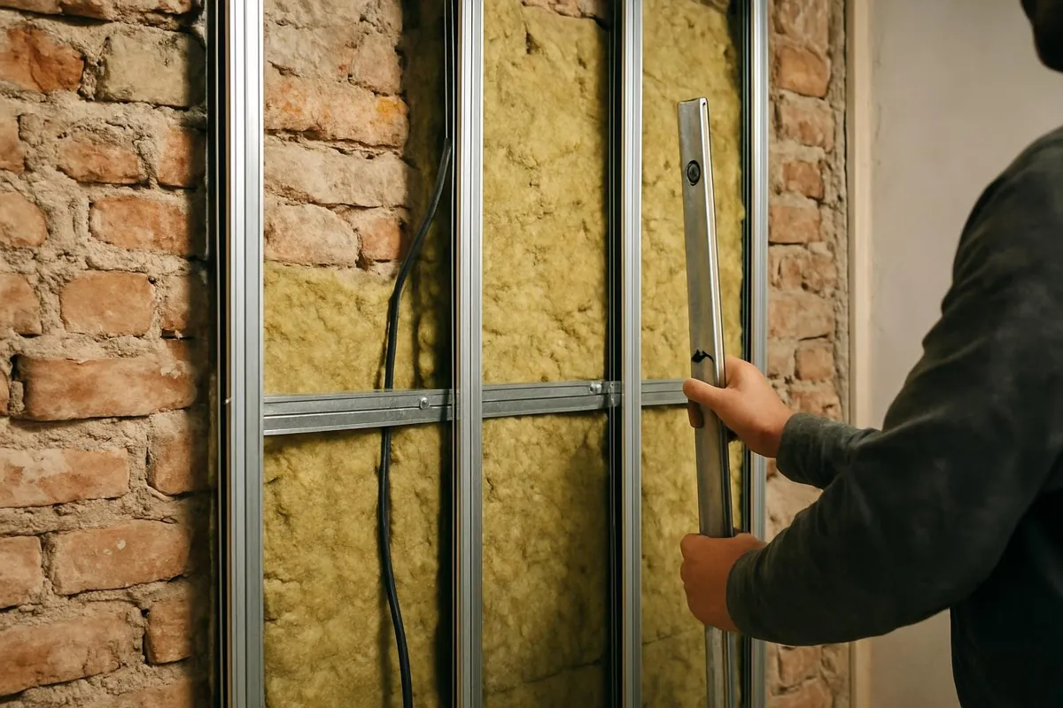 Ruszt z profili przed krzywą ścianą z wełną i przewodami
