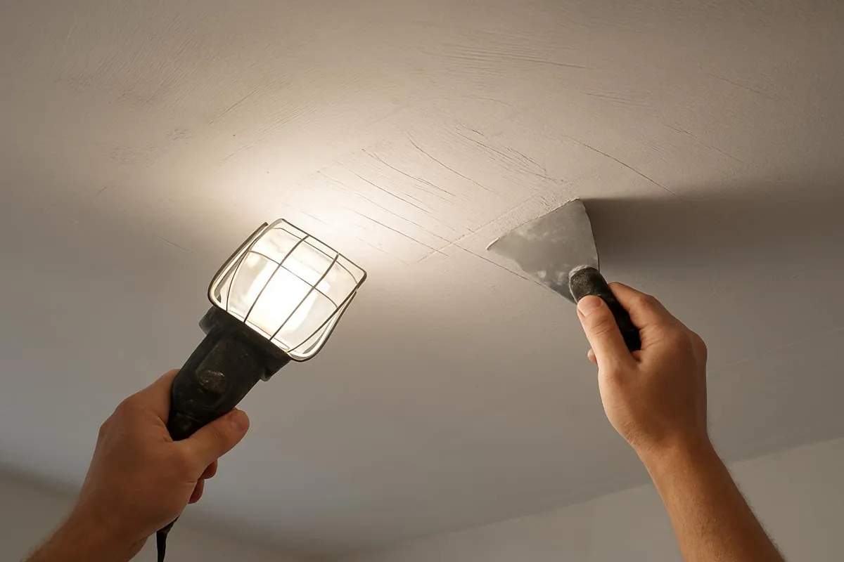 Lampa przy suficie pokazująca drobne garby w gładzi