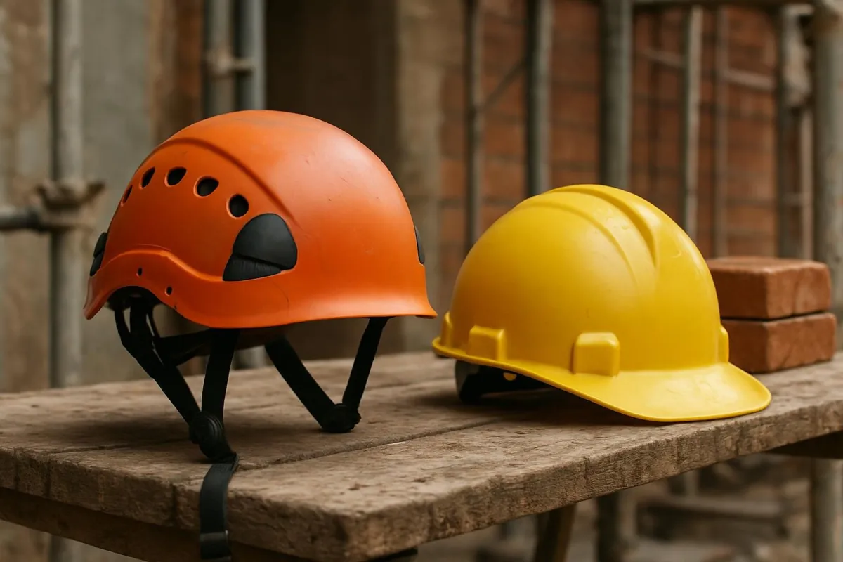 Kask wysokościowy z paskiem i klasyczny kask przemysłowy