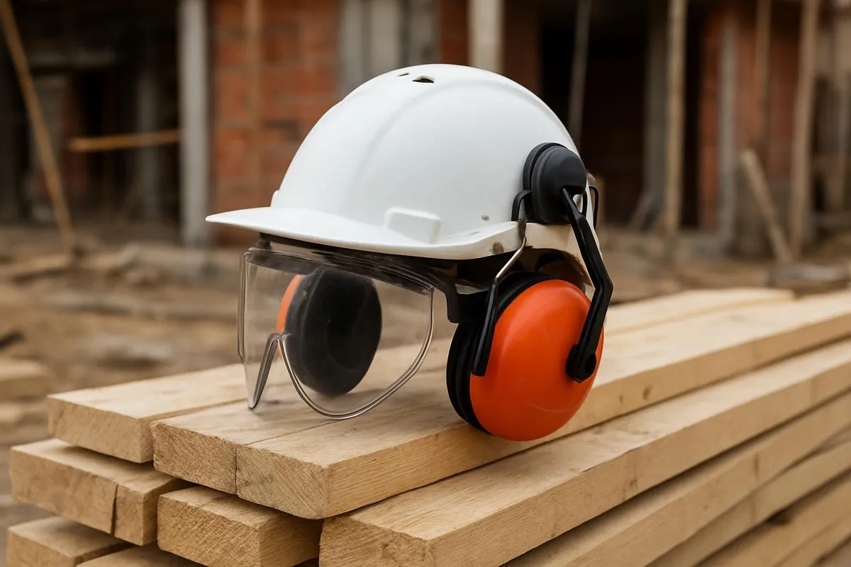 Kask z nausznikami i przyłbicą na stosie drewna