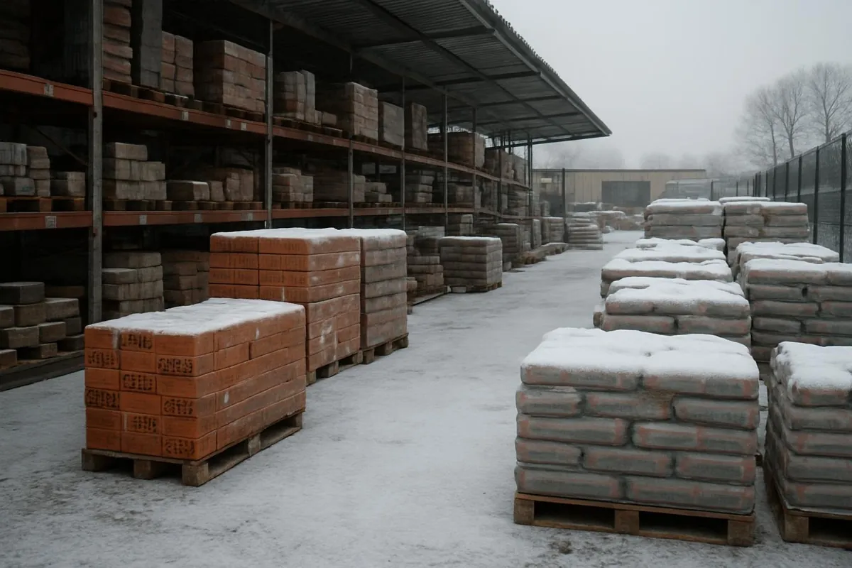 Skład budowlany zimą z paletami cegieł i cementu