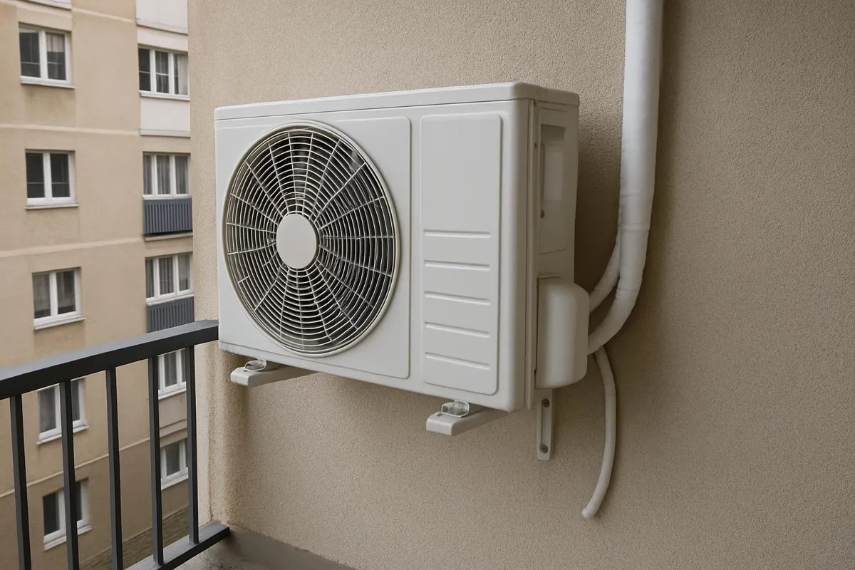 Jednostka zewnętrzna klimatyzatora na balkonie bloku