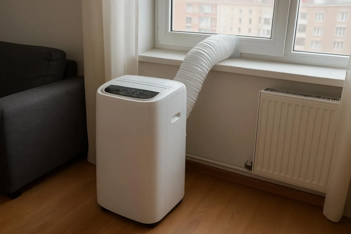 Klimatyzator przenośny z rurą wyrzutową w uchylonym oknie