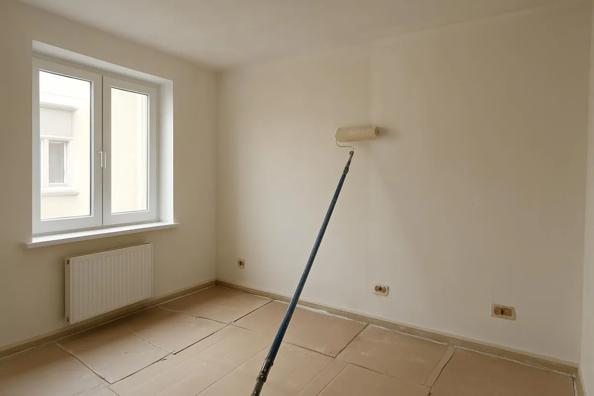 Etap malowania: ściany i sufit, podłoga zabezpieczona tekturą