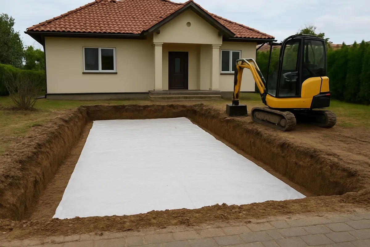 Wykop pod podjazd z rozłożoną geowłókniną
