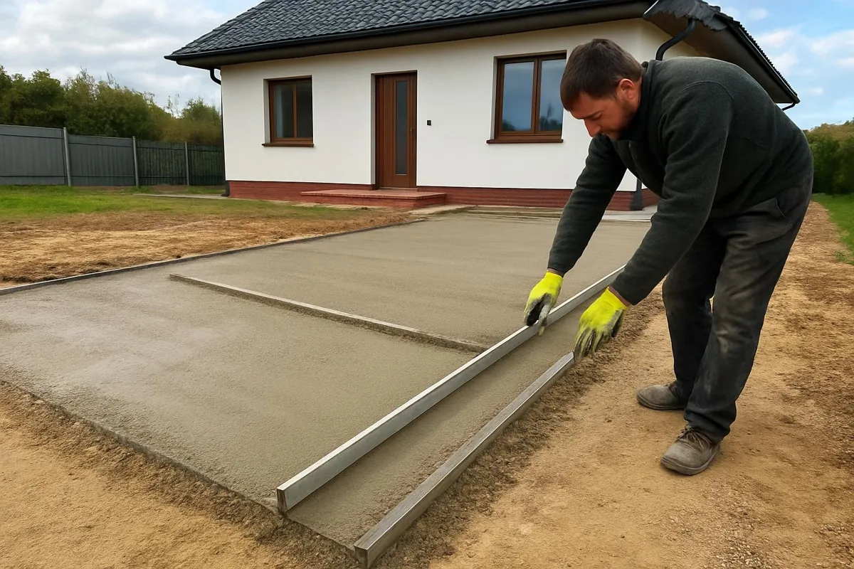 Wyrównywanie podsypki łatą na prowadnicach przed układaniem kostki