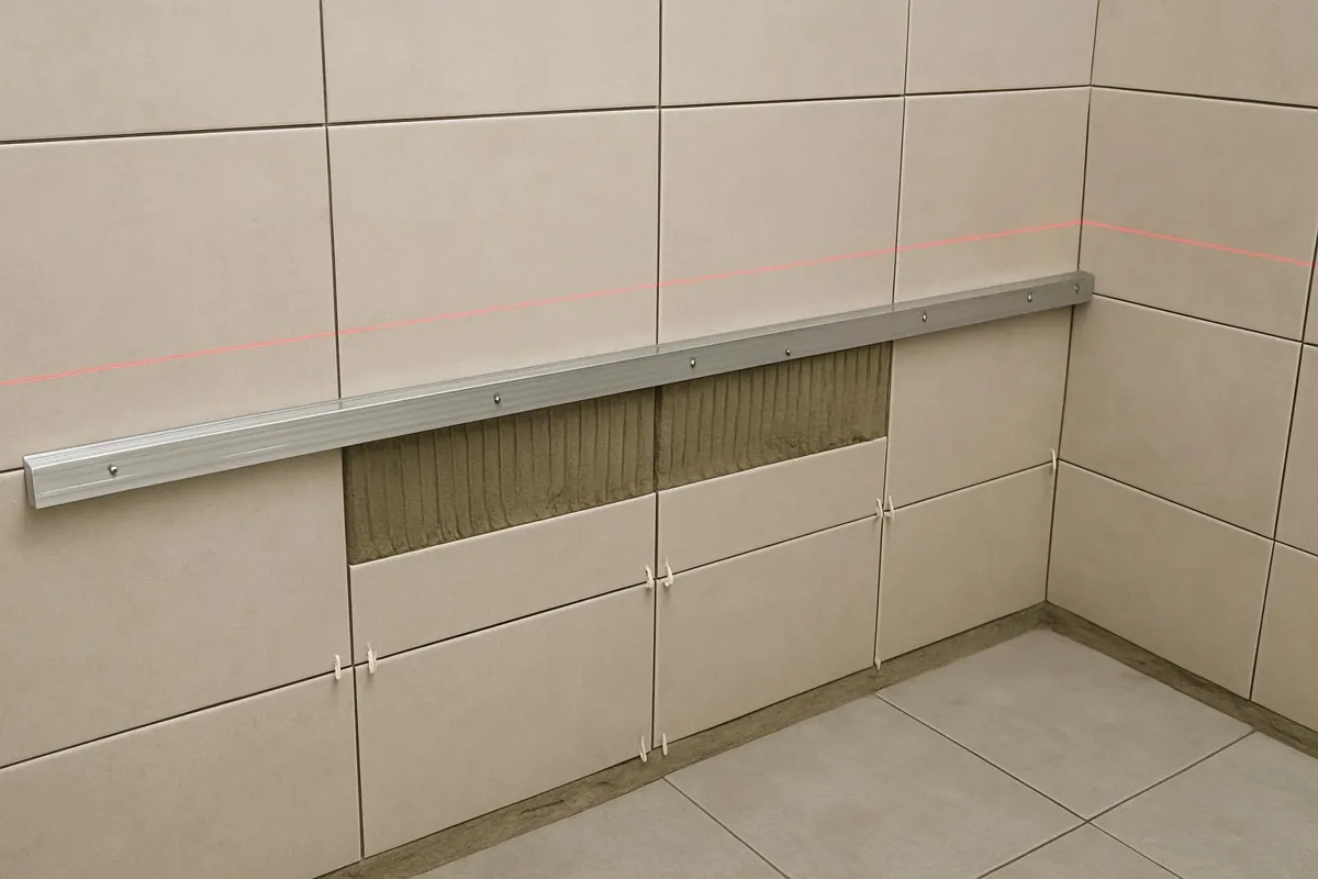 Łata startowa przykręcona do ściany wzdłuż linii lasera