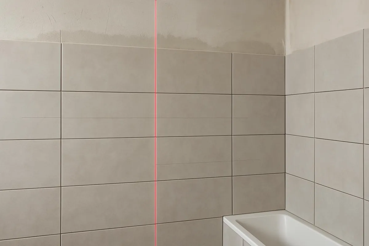 Pionowa oś lasera na ścianie i rozmierzenie szerokości płytek