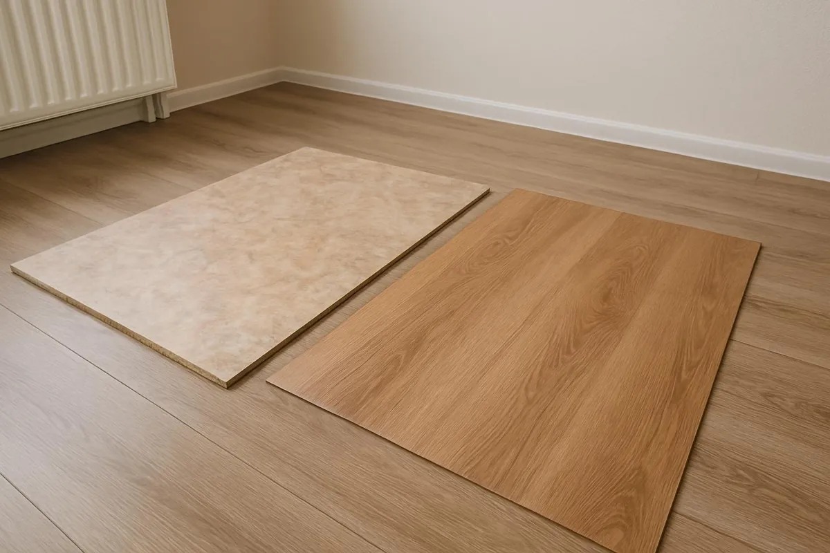 Próbka naturalnego linoleum obok wykładziny PCV z nadrukiem