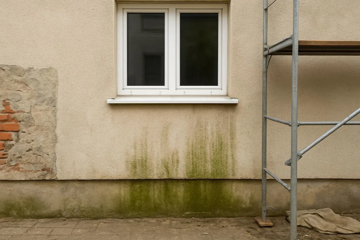 Zielone naloty glonów na elewacji pod parapetem