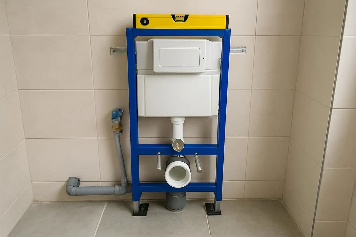 Poziomowanie stelaża WC poziomicą na regulowanych nogach