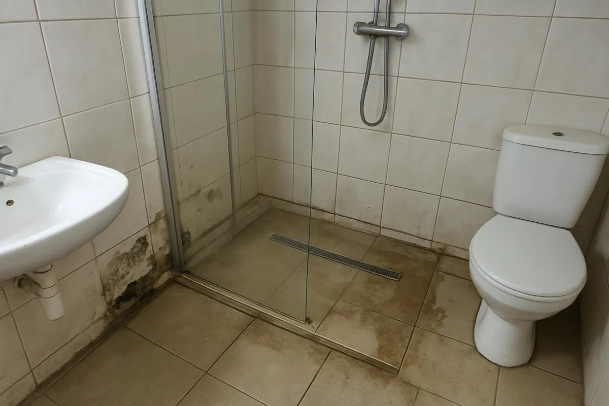 Kałuża w prysznicu walk-in daleko od odpływu liniowego
