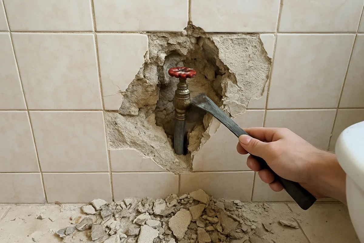 Kucie płytek w łazience, żeby dostać się do zaworu