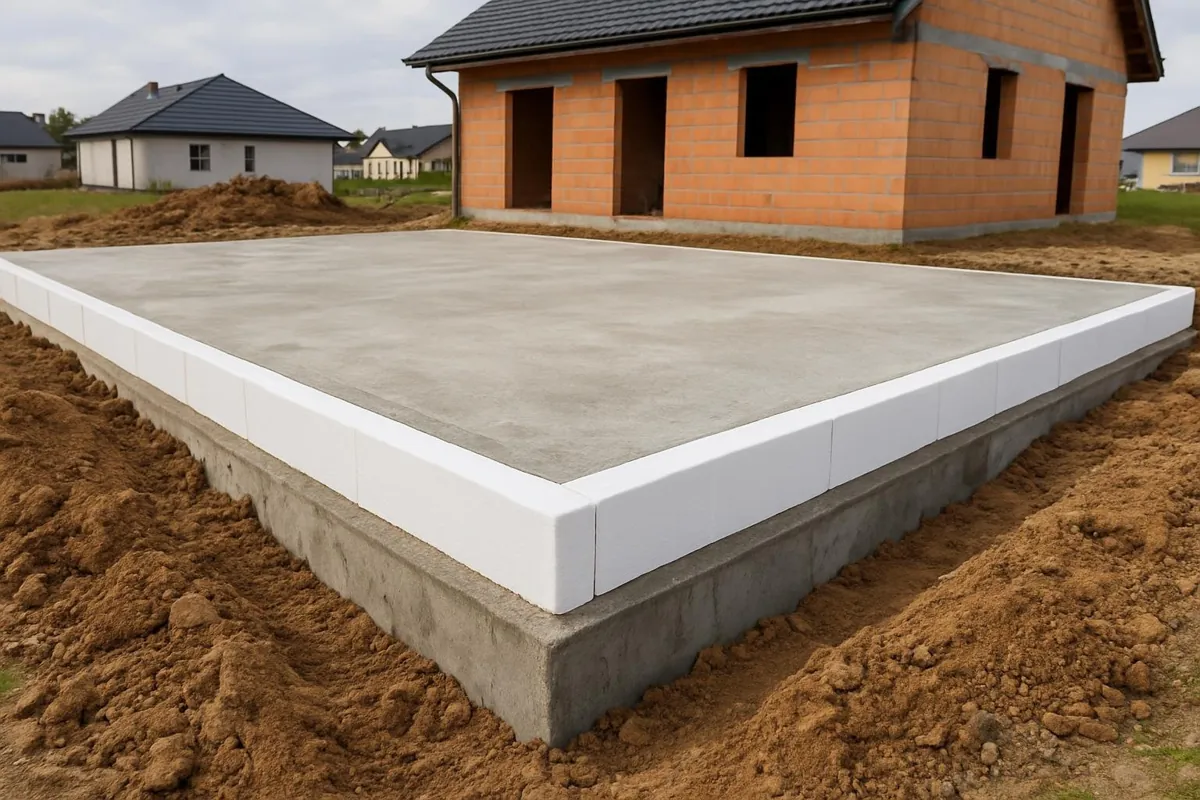 Krawędź płyty fundamentowej ocieplona płytami izolacji