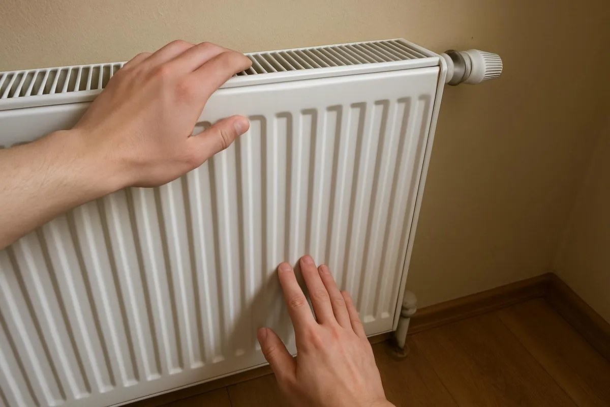 Sprawdzanie dłonią temperatury górnej i dolnej części grzejnika