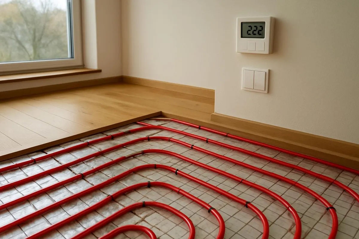 Termostat pokojowy na ścianie salonu z podłogą dębową