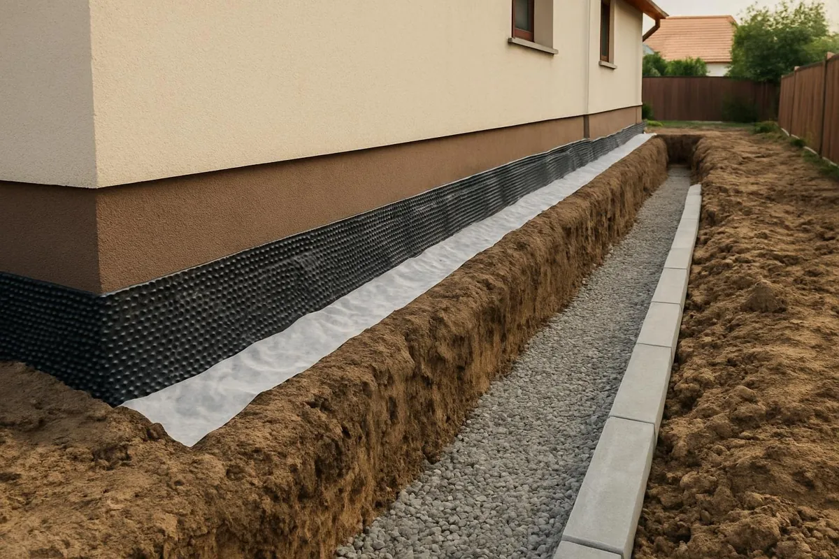 Wykop przy fundamencie z membraną i kruszywem pod opaskę