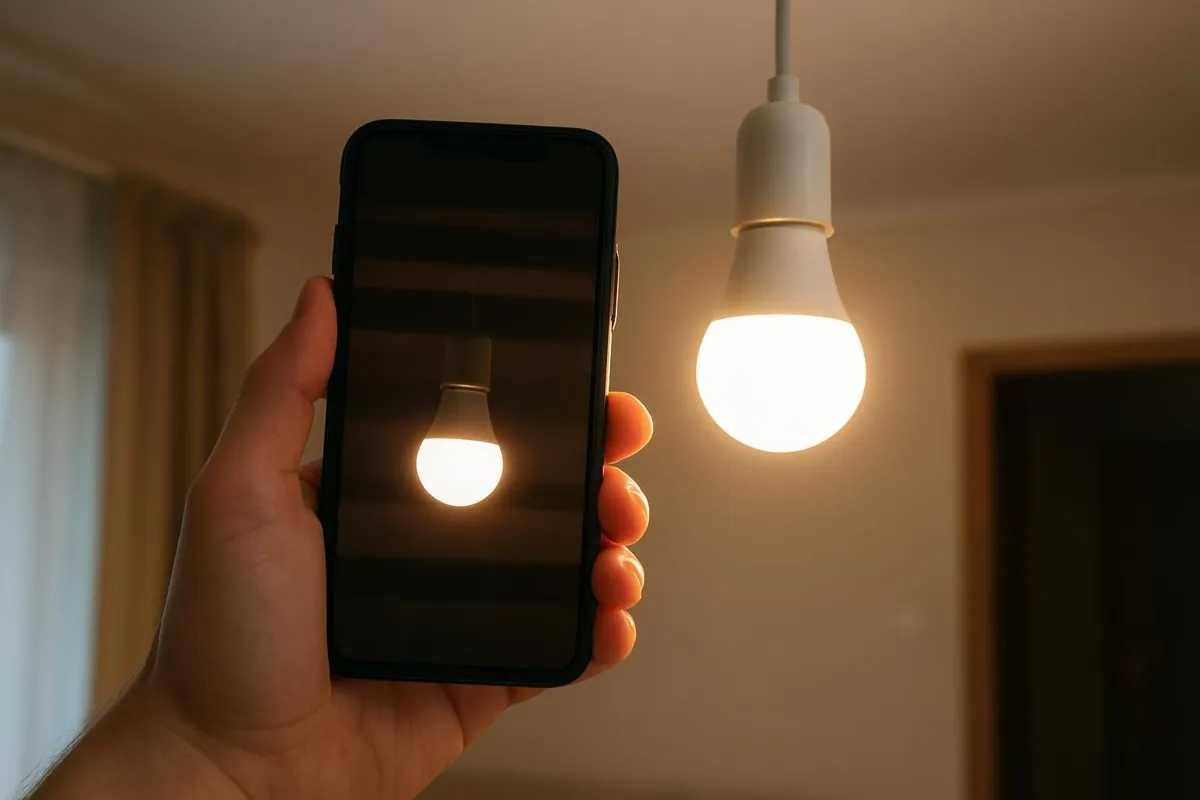 Telefon nagrywający żarówkę LED z widocznymi paskami