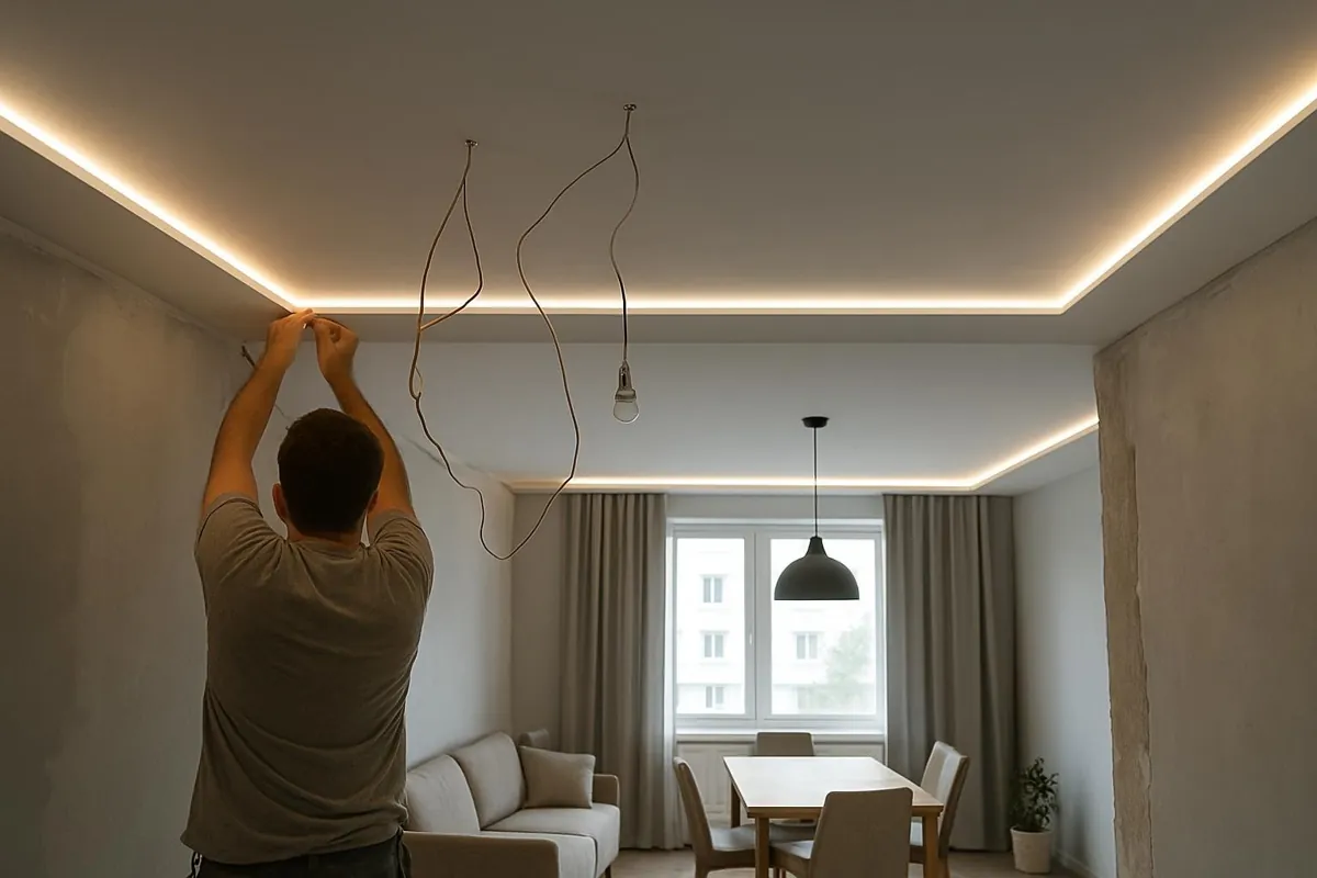 Sufit z ukrytym oświetleniem LED i lampą nad stołem
