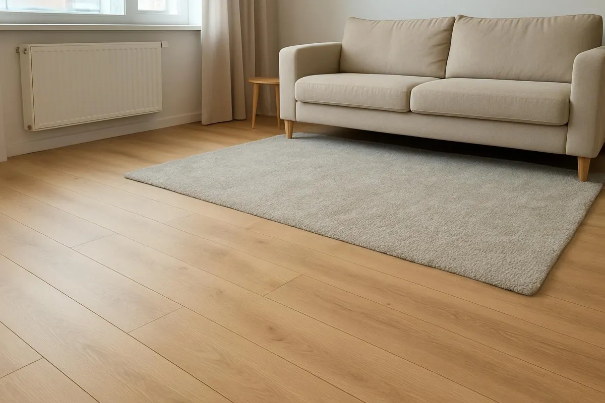 Salon z panelami laminowanymi w kolorze dębu