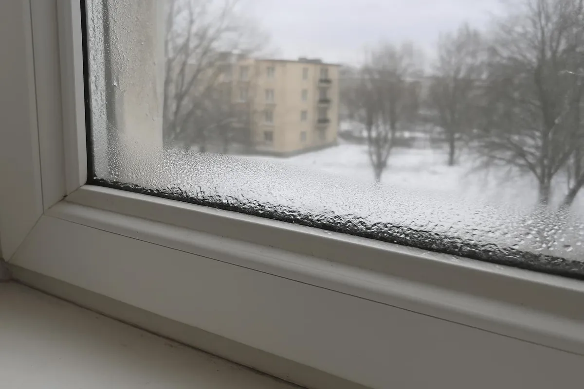 Skroplona woda na dole szyby i ramy okna z czarnym nalotem na uszczelce