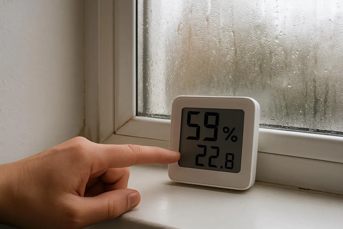Higrometr na parapecie i zaparowana szyba
