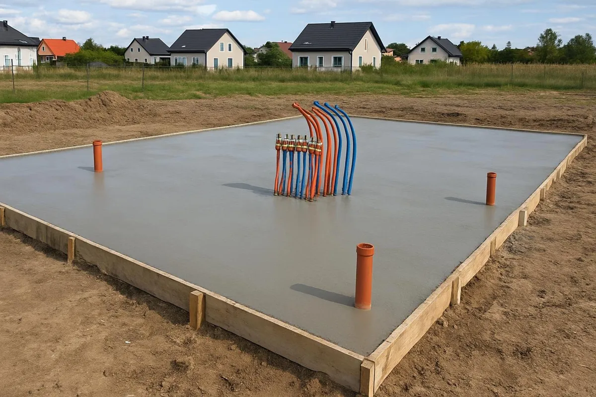 Świeżo wylana płyta fundamentowa z wyprowadzonymi instalacjami