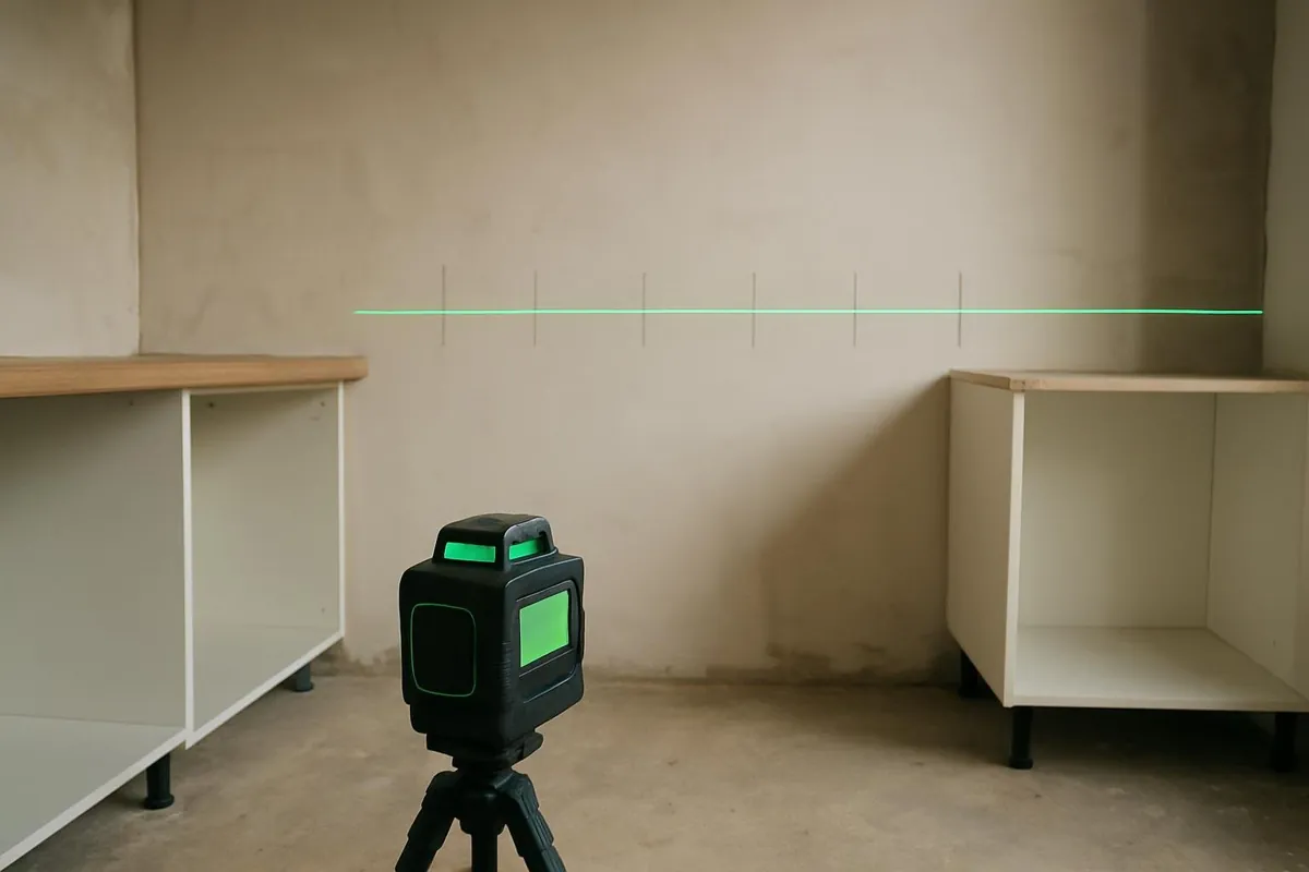 Linia lasera na ścianie kuchni do montażu szafek górnych