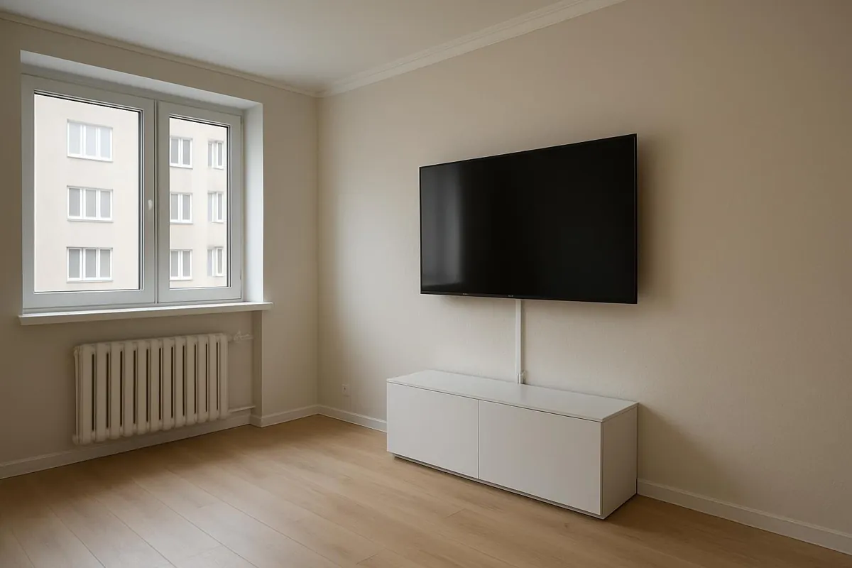 Ściana TV z puszką za telewizorem i rurką na przewody