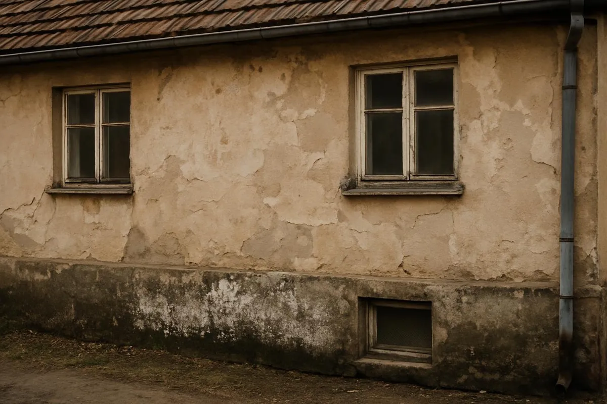 Zawilgocona ściana piwnicy z wykwitami solnymi