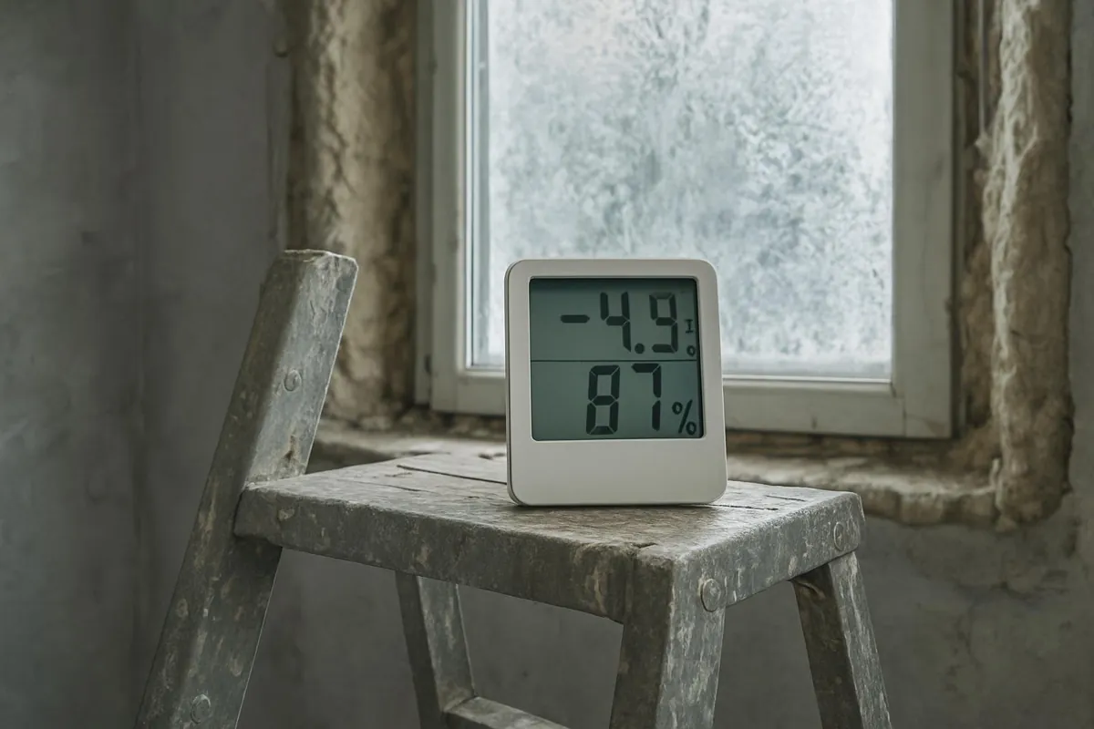 Termometr i higrometr w zimnym remontowanym pokoju