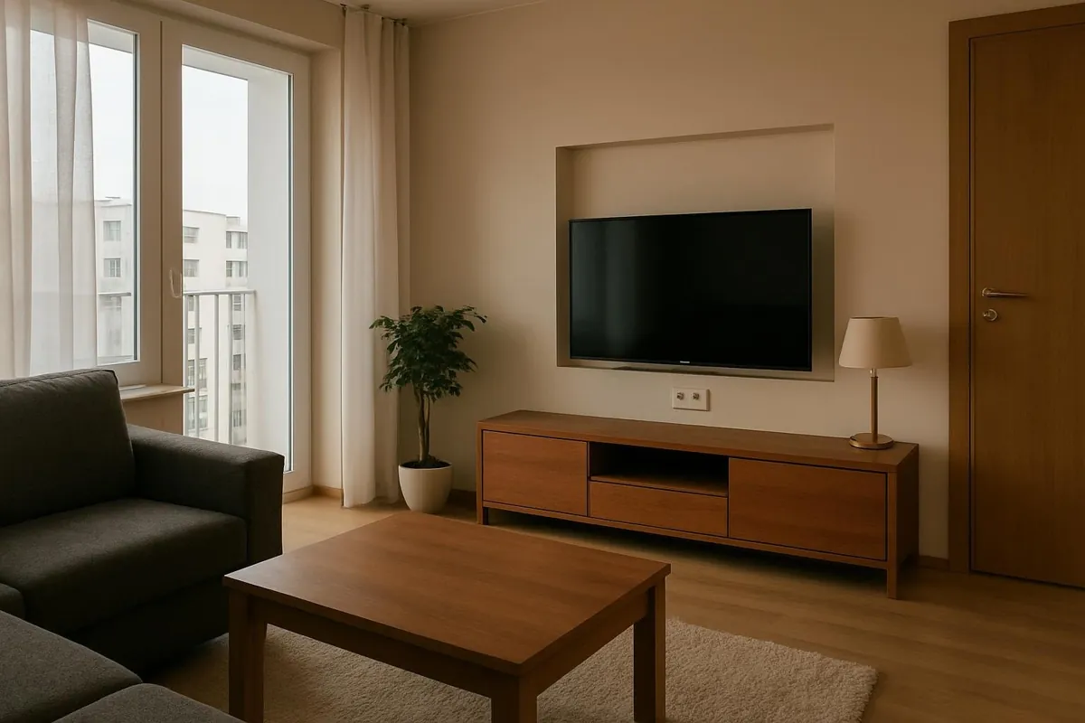 Puszka głęboka za telewizorem z gniazdami i przepustem kabli
